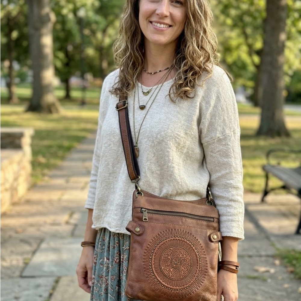Patricia Nash Brown Embossed Leather Crossbody Bag